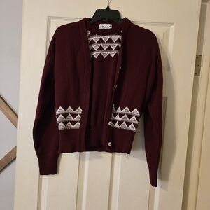 Unique Vintage Burgundy and White Cardigan Sweater